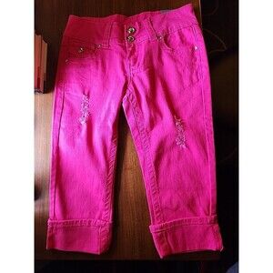 NWT V.I.P. Girls Pink Cuffed Capri Jeans Pants Size 5/6 Rhinestone Buttons